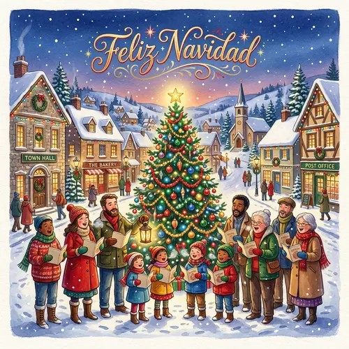 Festive Christmas Card with Snow-Covered Town & Carolers