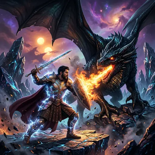 Heroic Middle-Eastern Male Warrior Battles Black Dragon in Otherworldly Realm