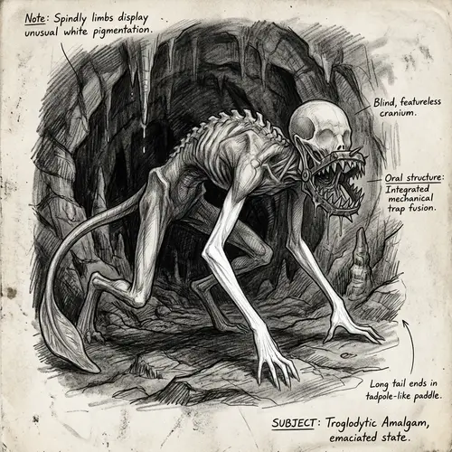 Eerie Sketch of Thin Grey Creature in a Cave | Enigmatic Anatomy