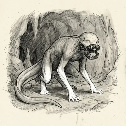 Monochromatic Creature in Cave with Bear Trap Mouth - Pencil Sketch