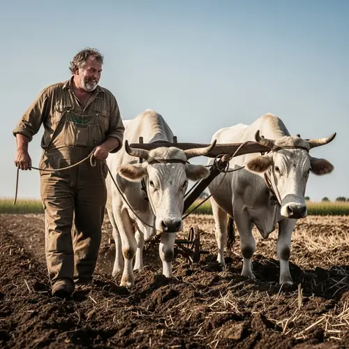Fat Man Farming with Ox Plough and White Oxen