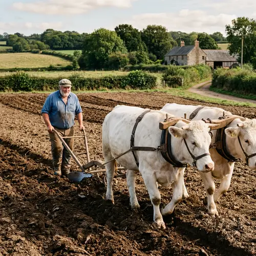 Fat Man Farming with Ox Plough and White Oxen