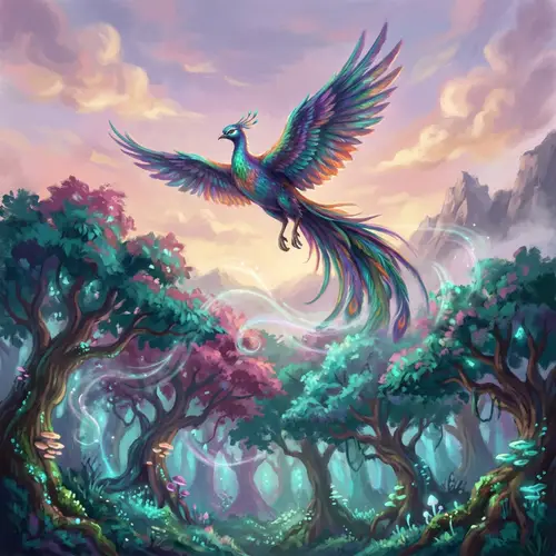 Mythical Creature Soaring Over Magical Forest
