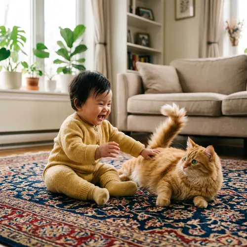 Adorable Baby and Cat Scene on Plush Carpet