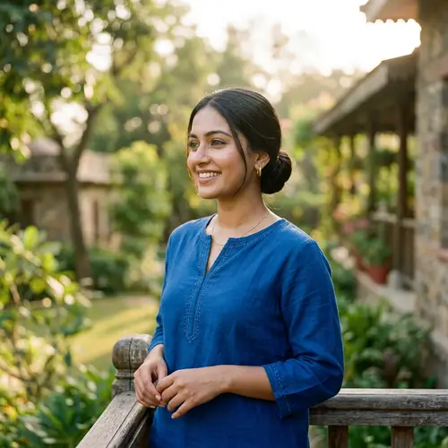 Glowing Skin Beauty: South Asian Woman in Elegant Blue Blouse