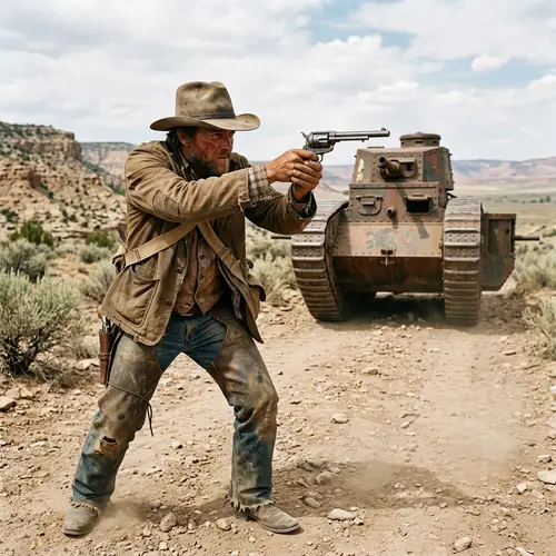 Cowboy Aiming at Tank - Wild West Shooter Scene