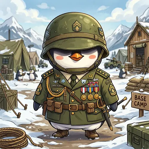 Charming Cartoon Penguin in Military Uniform