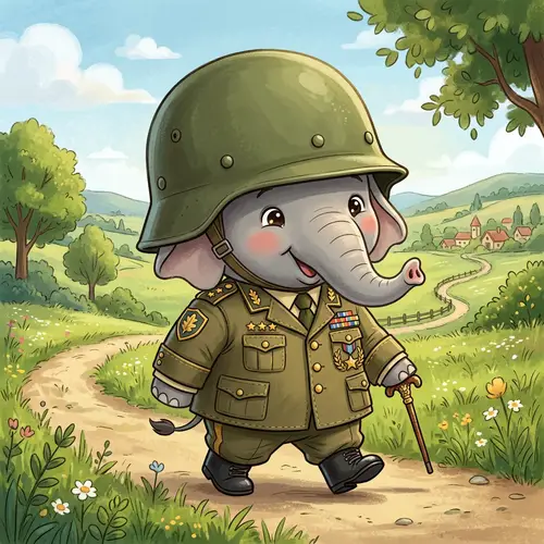 Charming Cartoon Elephant in Military Uniform