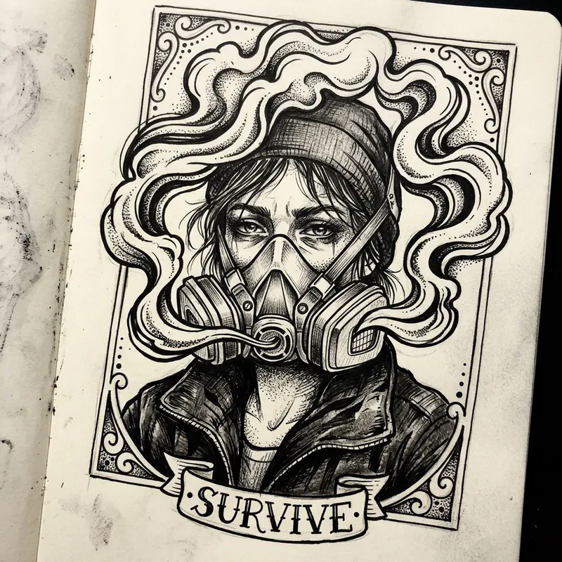 Girl in Respirator Mask Tattoo Sketch | Bold Smoke Effect