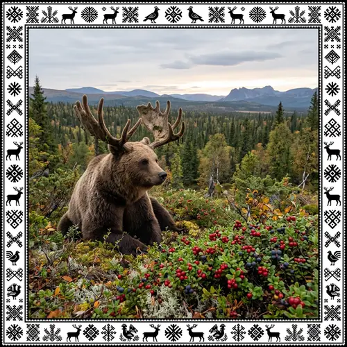Serene Scene: Brown Bear with Elk Antlers and Wild Berries