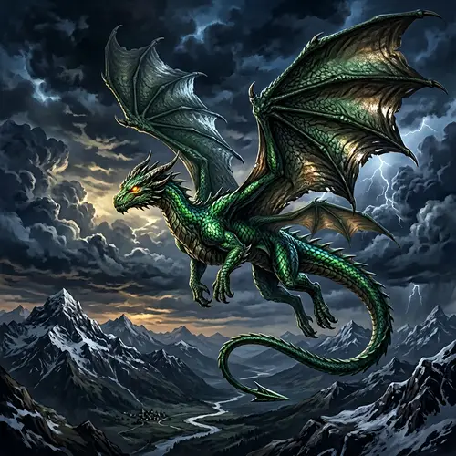 Majestic Dragon Flying Above Rugged Mountains | Dark Sky Scene