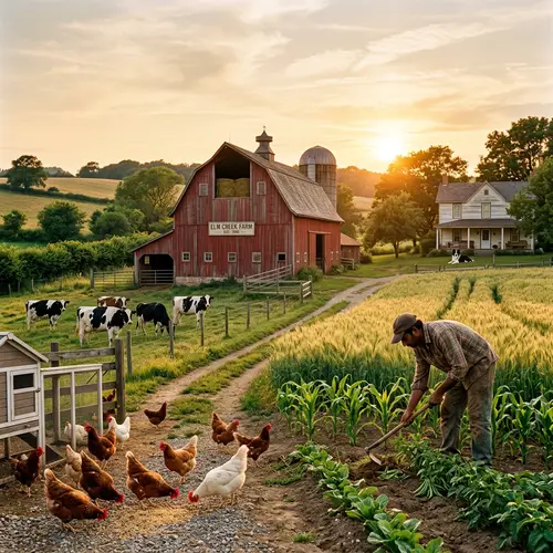 Idyllic Farm Scene with Red Barn, Cows, and Chickens