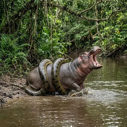 Anaconda Wrapped Around a Hippopotamus in Jungle