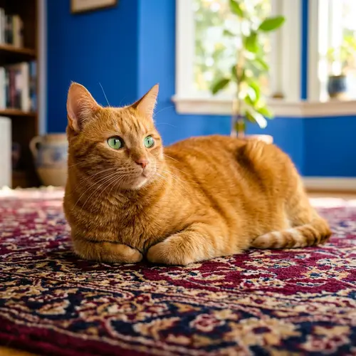 Beautiful Orange Cat on Burgundy Rug | Green Eyes & Blue Background