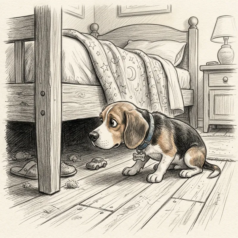 Pencil Drawing of a Pixar-style Beagle Under Bed