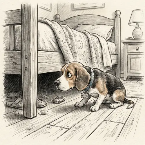 Pencil Drawing of a Pixar-style Beagle Under Bed