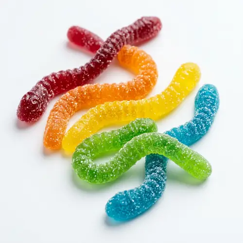 Vibrant Gummy Worms on White Background