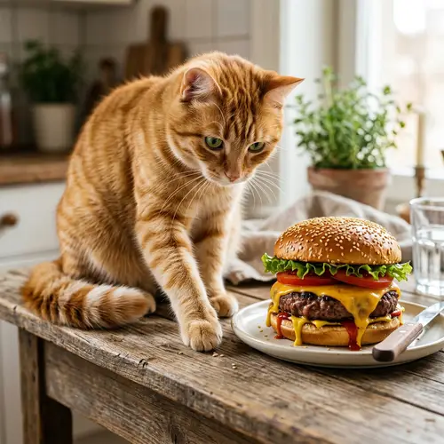 Cute Tabby Cat with Green Eyes and Burger | Adorable Feline and Delicious Burger