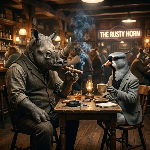 Smoking Rhino with Cigar: Quirky Table Scene
