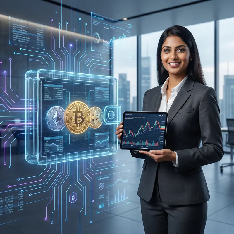 South Asian Female Cryptocurrency Entrepreneur with Digital Wallet Image