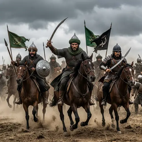 Epic Muslim Knights Battle Scene | Ancient Curved Swords & Determined Faces