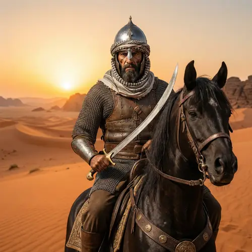 Ancient Muslim Arab Knight Riding War Horse in Arabian Desert