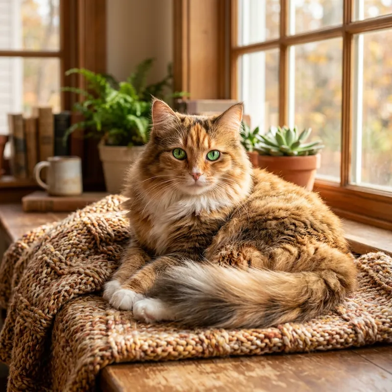 Charming Fluffy Cat Sitting on Warm Knit Blanket