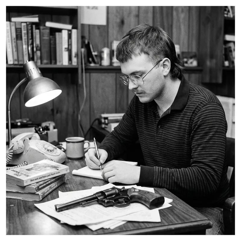Vintage Style Portrait: Young Man in Striped Shirt with Mullet Hair and Revolver