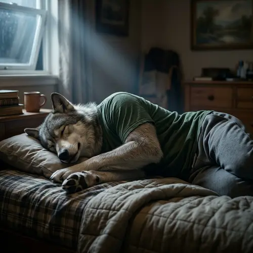 Relaxed Grey Wolf Anthro Asleep in Casual Sleepwear