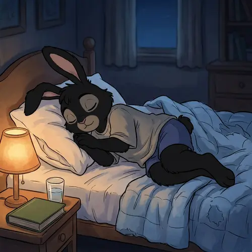 Anthropomorphic Black Rabbit Sleeping in Modest Sleepwear