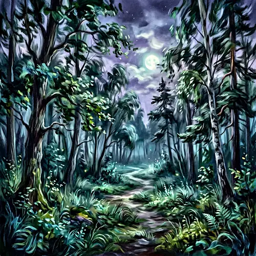 Mystical Moonlit Forest: Artistic Scene with Ethereal Tones