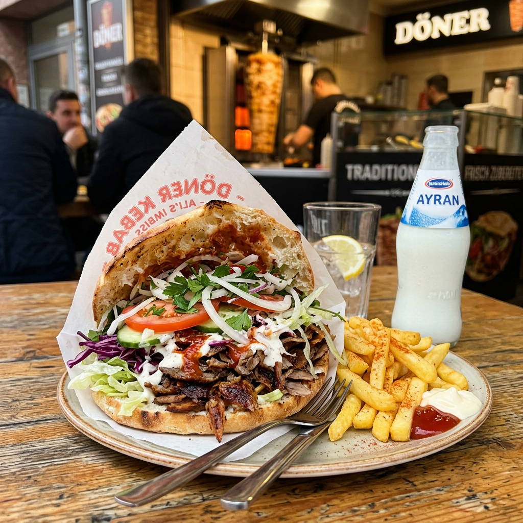 Doner kebab with salad, sauce and chips