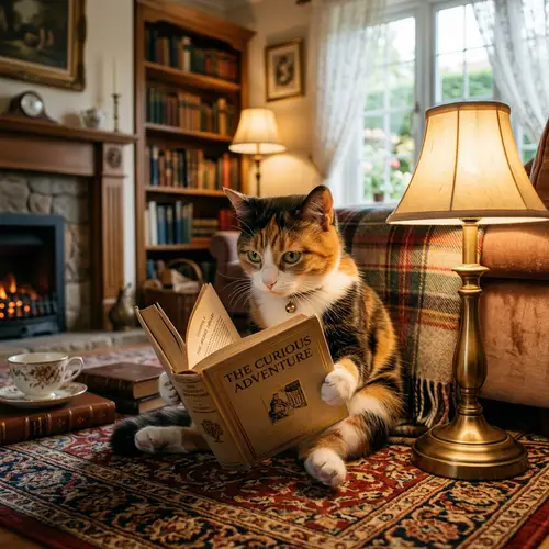 Enchanting Scene of a Feline Engrossed in Literature