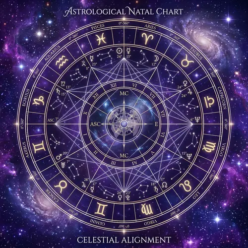 Intricate Astrological Chart on Purple Blue Galaxy Background