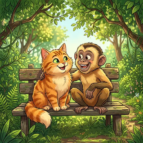 Fluffy Orange Tabby Cat and Capuchin Monkey Cartoon Image
