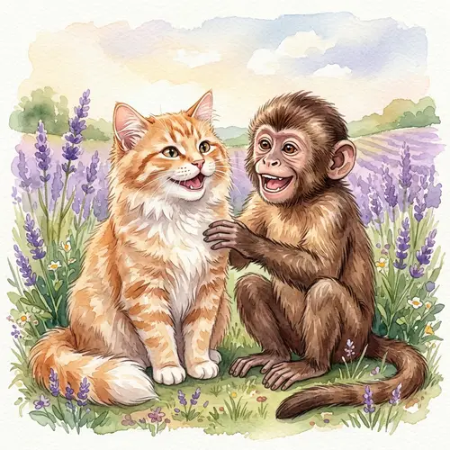 Joyful Interspecies Friendship: Ginger Cat and Playful Monkey Watercolor Painting