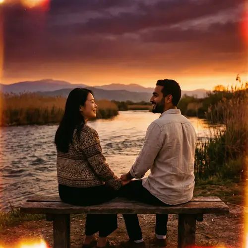 Romantic Sunset Scene with East Asian Woman and Middle Eastern Man