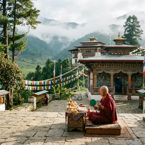 Tranquil Bhutanese Landscape: Spiritual Temple in Green Valleys