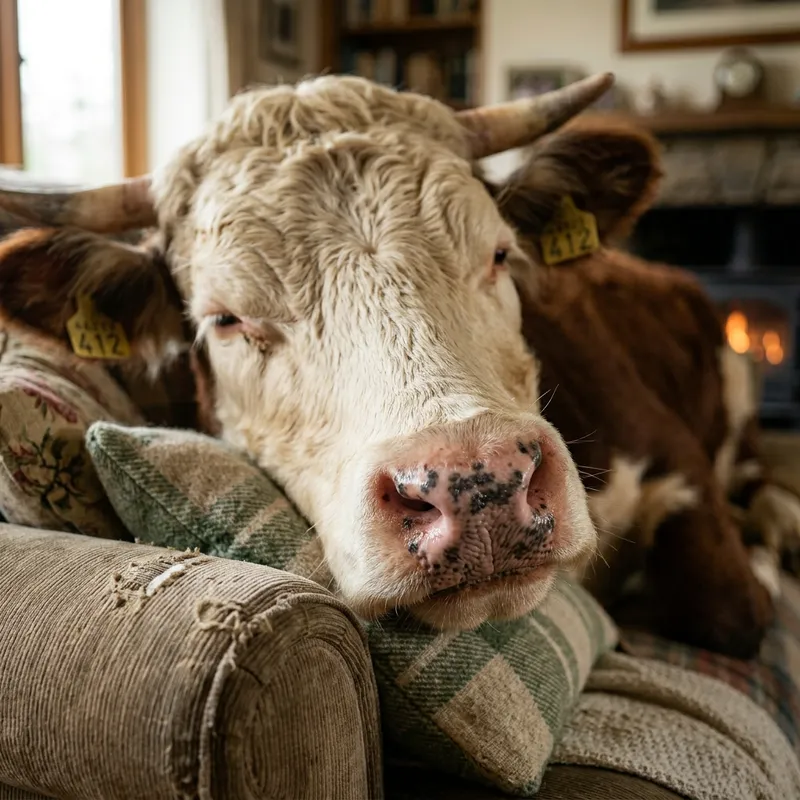 Relaxing Cow on a Cozy Sofa - Ultra-Realistic Image Relaxing Cow on a Cozy Sofa - Ultra-Realistic Image