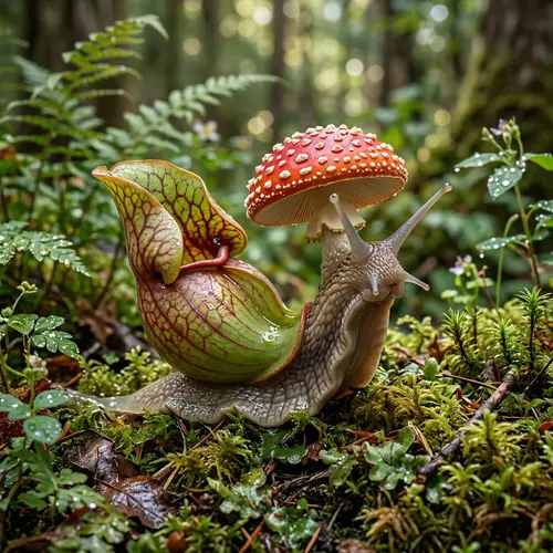 Snail with Pitcher Plant Body and Fly Agaric Mushroom