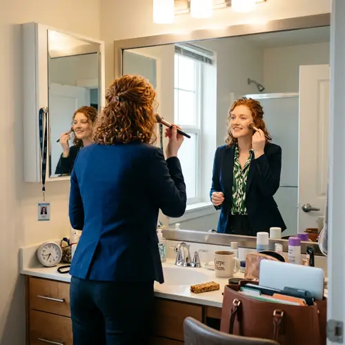 Red-Haired Girl Preparing for Work