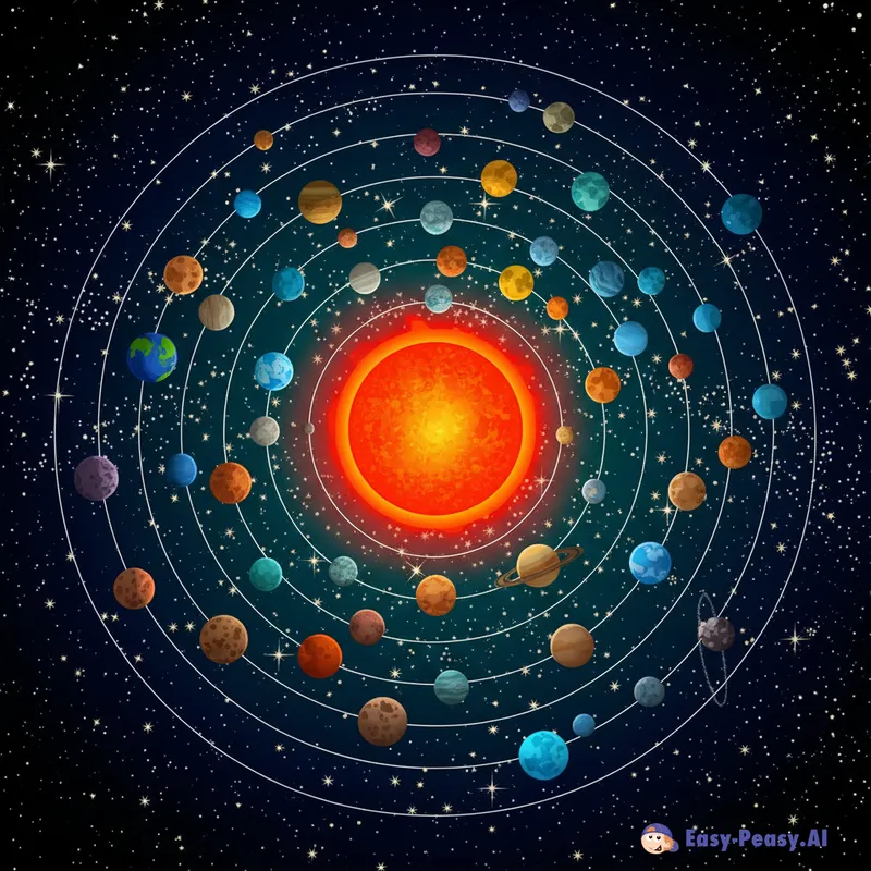 Vast Solar System with Red Sun and 50 Planets
