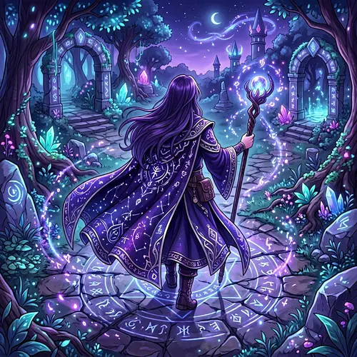 Enchanting Anime Wizard: Isometric Top-Down View