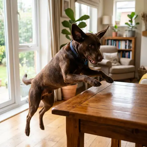 Energetic Medium-Sized Dog Leaping on Wooden Table