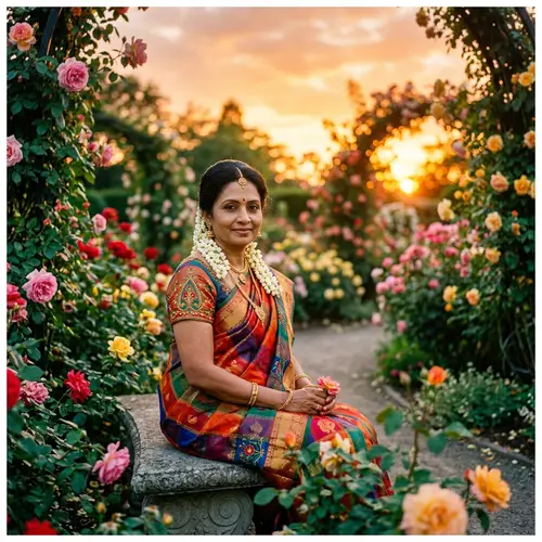 Elegant South Asian Woman in Traditional Saree | Tranquil Garden Scene