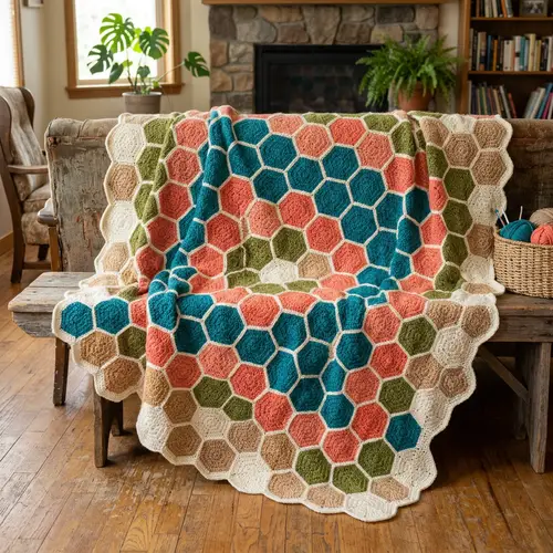 Colorful Crochet Quilt with Teal and Coral Hexagons