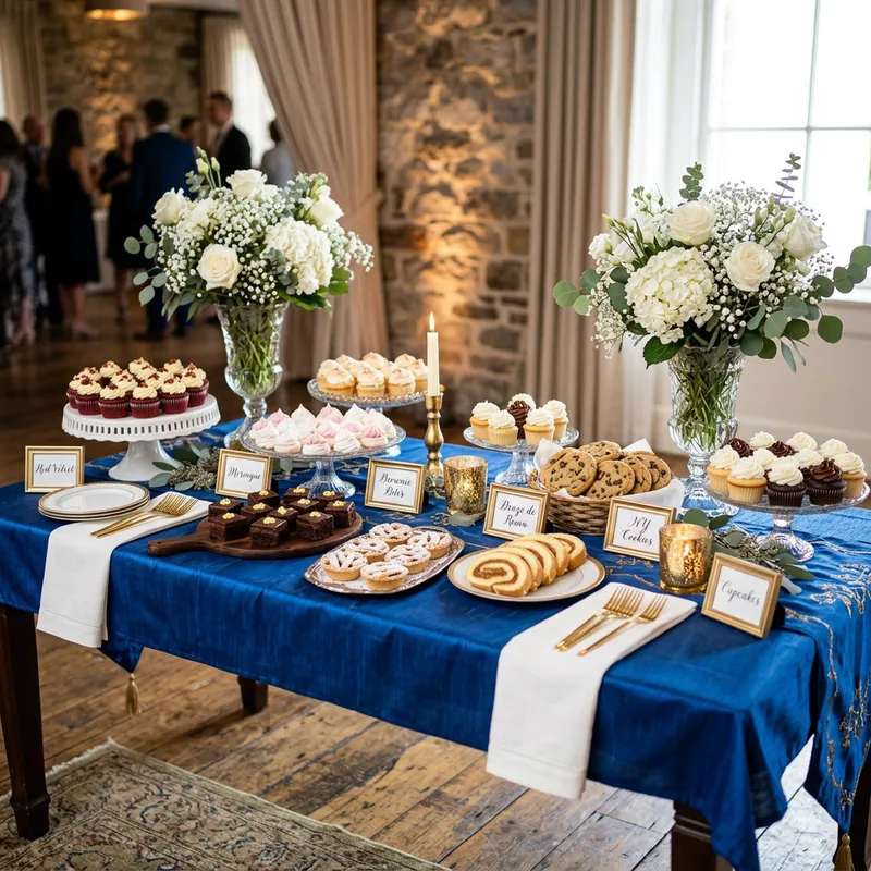 Elegant Blue Table with Delightful Mini Desserts