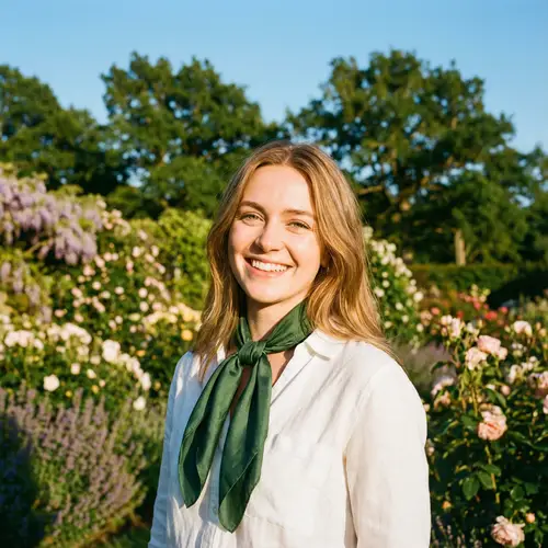 Young Woman Portrait with Blonde Hair and Green Eyes in Serene Garden