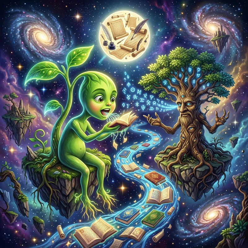 Surrealism Mentorship: Elder Tree Sharing Wisdom with Young Sprout