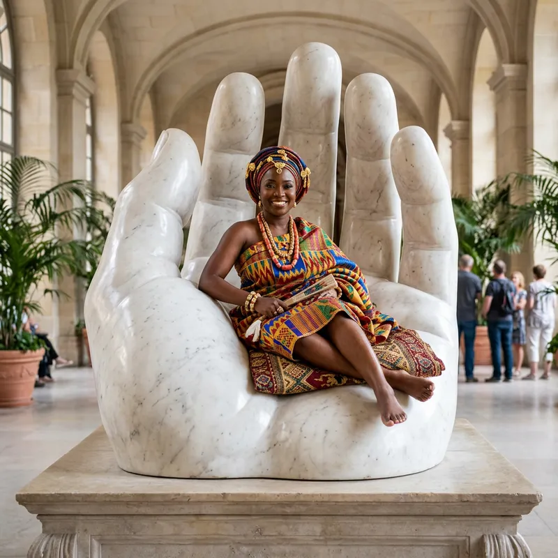 Elegant Black Woman in Colossal Hand Sculpture - Captivating Image